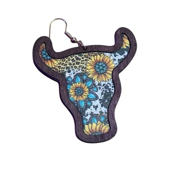 Fashion Jewelry Western boho Cow print  Earrings - Sunflower Blue and yellow - Picture 8 of 12